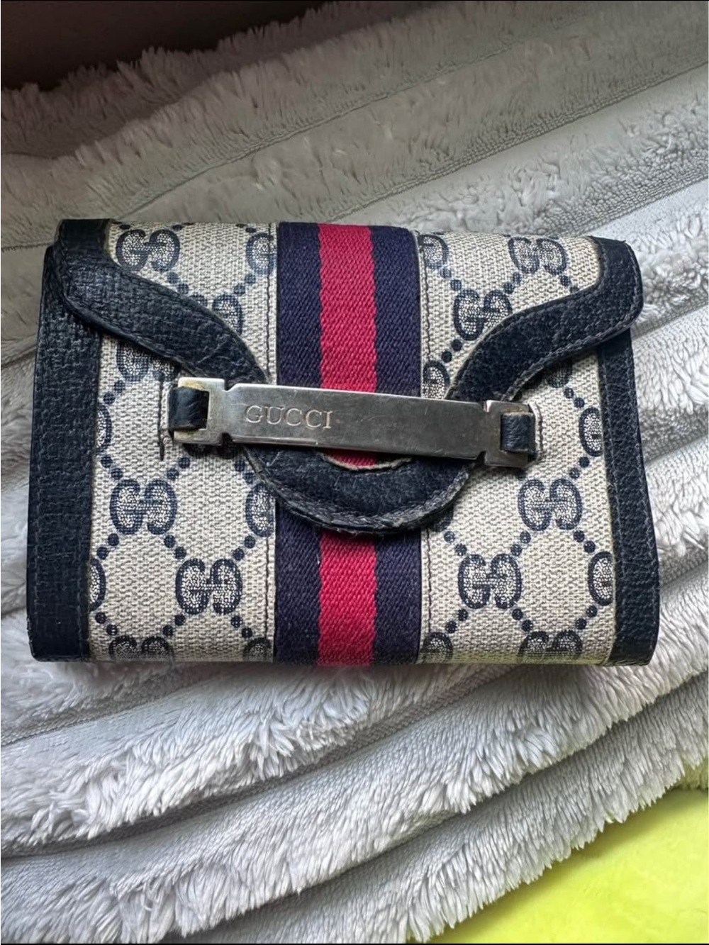 Gucci Beige GG Canvas Wallet with Navy & Red Web Stripe